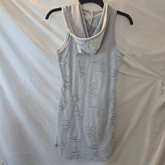 May Pink Hooded All-Over Distressed Sleeveless Dress Casual Tunic Gray Y2K - Picture 6 of 12